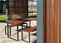 Linea Table (LIT10, 1800) and Bench (1500) with aluminium Bush Cherry battens, Textura Monument frame.