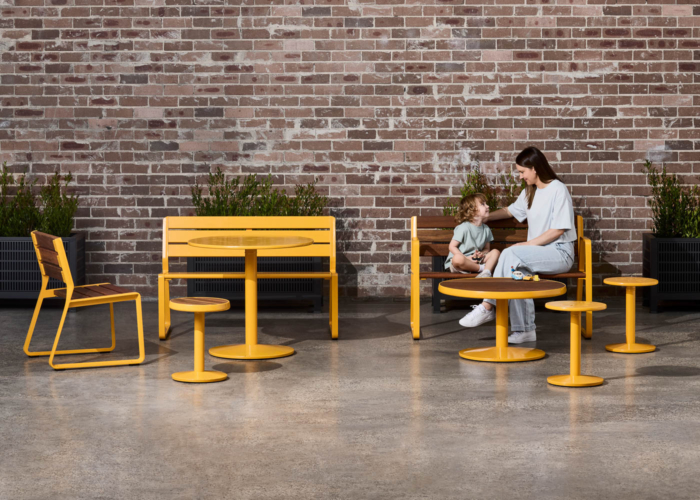 Piatto collection with eco-certified hardwood battens, Safety Yellow battens and frames.