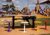 Custom oval tables feature an eaglehawk design, paired with 80 colourful Cafe Stools.