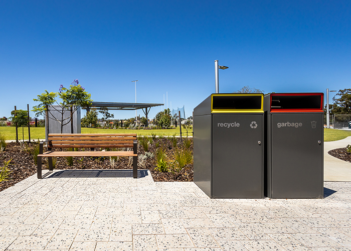 Escola Bin Enclosure (WBE-E240) in Woodland Grey, Rectangle insert in Brilliant Yellow and Lobster Red.