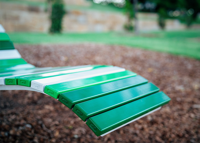 Mall Sun Lounge with battens in Pearl White, Lycra Strip Green, Viper Green and Shamrock Green.