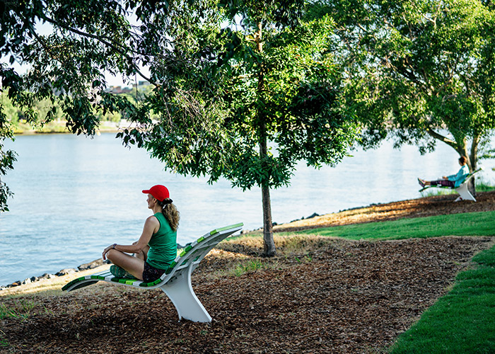 Mall Sun Lounges with battens in Pearl White, Lycra Strip Green, Viper Green and Shamrock Green.