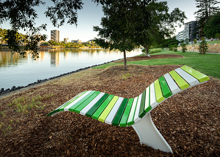Mall Sun Lounge with battens in Pearl White, Lycra Strip Green, Viper Green and Shamrock Green.