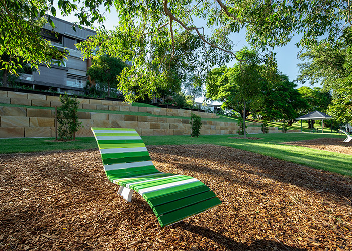 Mall Sun Lounge with battens in Pearl White, Lycra Strip Green, Viper Green and Shamrock Green.