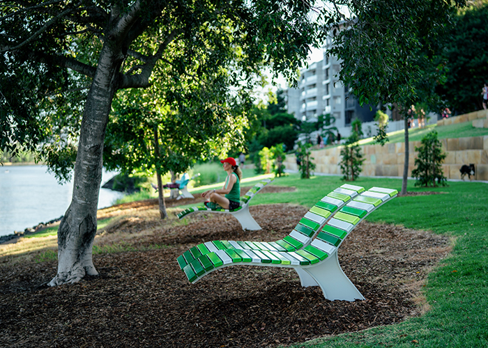 Mall Sun Lounges with battens in Pearl White, Lycra Strip Green, Viper Green and Shamrock Green.