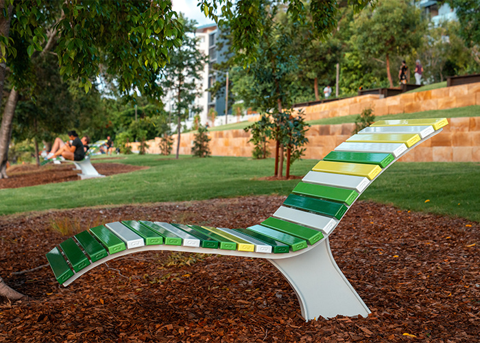 Mall Sun Lounge with battens in Pearl White, Lycra Strip Green, Viper Green and Shamrock Green.