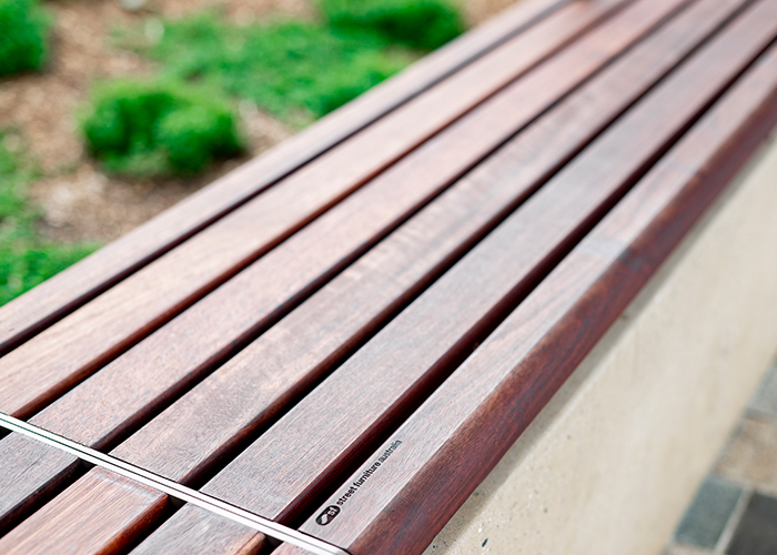 Linea Bench (LIB6, 1800mm) plinth-fixed with hardwood battens, Jasper frames.