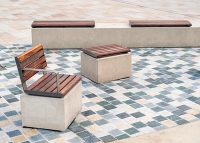 Linea Seats and Benches (600mm, 1200mm) plinth-fixed with hardwood battens, Jasper frames.