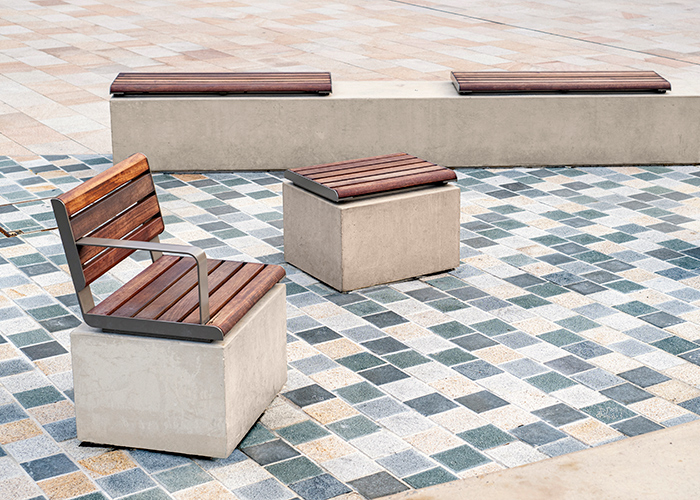 Linea Seats and Benches (600mm, 1200mm) plinth-fixed with hardwood battens, Jasper frames.