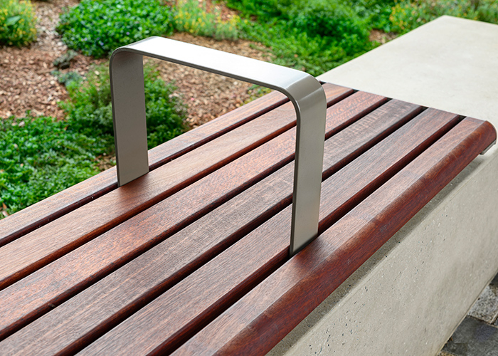 Linea Bench (LIB6, 1800mm) plinth-fixed with hardwood battens, Jasper frames.
