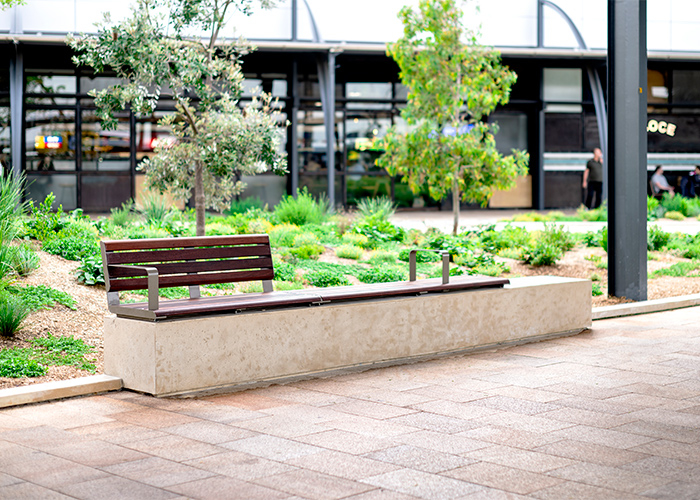 Linea Seat and Bench (1800mm) plinth-fixed with hardwood battens, Jasper frames.