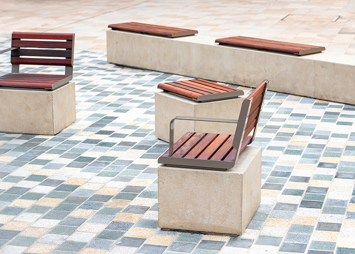 Linea Seats and Benches (600mm, 1200mm) plinth-fixed with hardwood battens, Jasper frames.