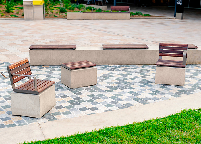 Linea Seats and Benches (600mm, 1200mm) plinth-fixed with hardwood battens, Jasper frames.