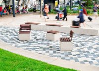 Linea Seats and Benches (600mm, 1200mm) plinth-fixed with hardwood battens, Jasper frames.