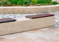 Linea Benches (LIB6, 1200mm) plinth-fixed with hardwood battens, Jasper frames.