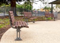 Mall DDA Seat with Jarrah battens and frame in tailored Metropolis Storm Pearl grey.