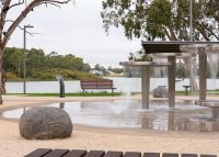 Arqua Fountain in tailored Metropolis Storm Grey. Mall DDA Seat with Jarrah battens.