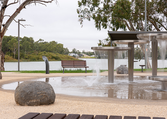 Arqua Fountain in tailored Metropolis Storm Grey. Mall DDA Seat with Jarrah battens.