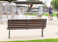 Mall DDA Seat with Jarrah battens and frame in tailored Metropolis Storm Pearl grey.