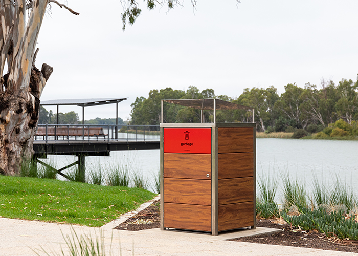 Frame Bin Enclosure with custom battened body in aluminium woodgrain in Spotted Gum.