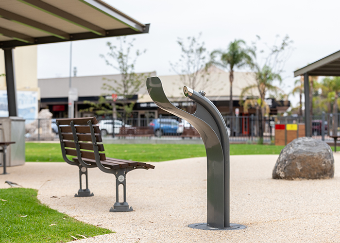 Arqua Fountain in tailored Metropolis Storm Grey. Mall DDA Seat with Jarrah battens.