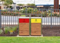 Frame Bin Enclosure with custom battened body in aluminium woodgrain in Spotted Gum.