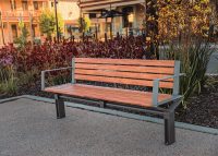 Aria Seat (CMA1, 1800mm) with aluminium woodgrain battens in Spotted Gum, and Sable Brilliance frame.