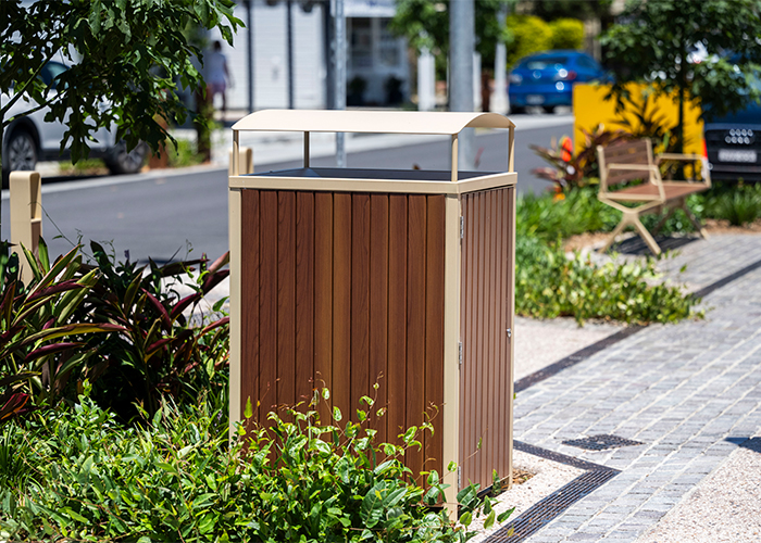 Frame Bin Enclosure (WBE-nF240-BAT) Curved roof, aluminium Bush Cherry battens, Textura Doe Skin frame.