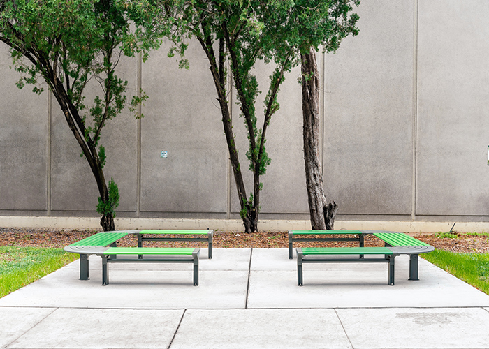 Aria Seating System (CMA4-2B-C90-3B-C90-2B) with Pedestal leg, Shamrock and Viper Green battens, Woodland Grey frames.