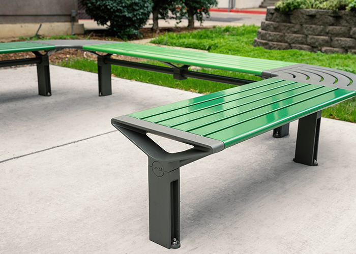 Aria Seating System (CMA4-2B-C90-3B-C90-2B) with Pedestal leg, Shamrock and Viper Green battens, Woodland Grey frames.
