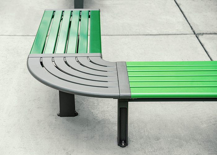 Aria Seating System (CMA4-2B-C90-3B-C90-2B) with Pedestal leg, Shamrock and Viper Green battens, Woodland Grey frames.