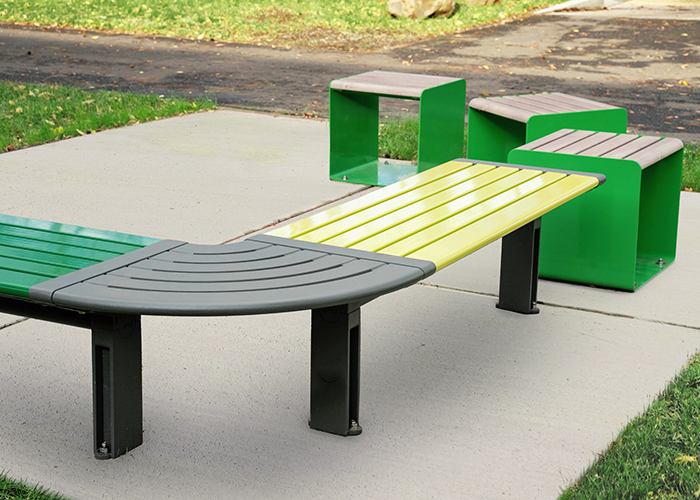 Aria Seating System (CMA4 C-shape) and Linea Cube (LIC6) in Shamrock, Viper, Lycra Strip Green, Woodland Grey, Beach Oak Grey.
