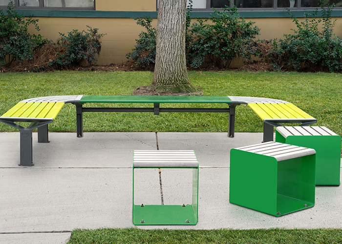 Aria Seating System (CMA4 C-shape) and Linea Cube (LIC6) in Shamrock, Viper, Lycra Strip Green, Woodland Grey, Beach Oak Grey.