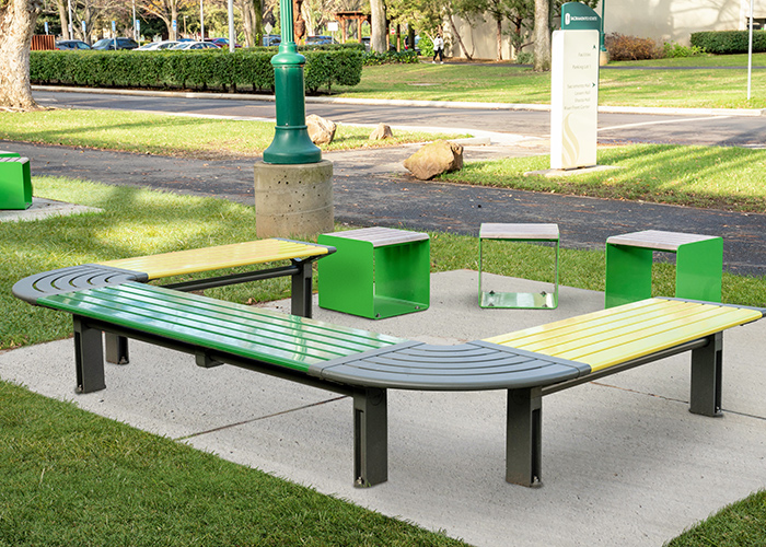 Aria Seating System (CMA4 C-shape) and Linea Cube (LIC6) in Shamrock, Viper, Lycra Strip Green, Woodland Grey, Beach Oak Grey.