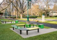 Aria Seating System (CMA4 C-shape) and Linea Cube (LIC6) in Shamrock, Viper, Lycra Strip Green, Woodland Grey, Beach Oak Grey.