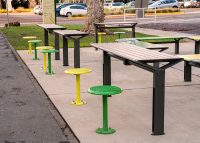 Aria Lookout Tables (CMA4-T) in Beach Oak Grey and Woodland Grey. Cafe Stools (S1) in Shamrock, Viper and Lycra Strip Green.