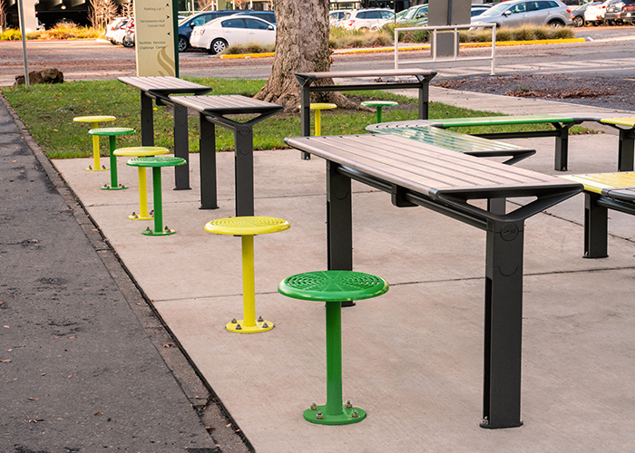 Aria Lookout Tables (CMA4-T) in Beach Oak Grey and Woodland Grey. Cafe Stools (S1) in Shamrock, Viper and Lycra Strip Green.