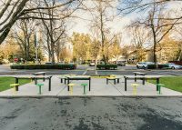 Aria Lookout Tables (CMA4-T) in Beach Oak Grey and Woodland Grey. Cafe Stools (S1) in Shamrock, Viper and Lycra Strip Green.