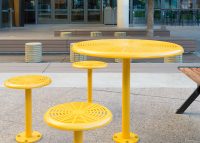 Cafe Round Tables and Stools, powdercoated in Safety Yellow.
