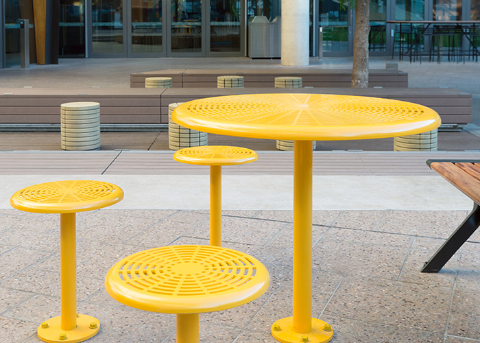 Cafe Round Tables and Stools, powdercoated in Safety Yellow.