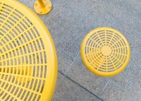 Cafe Round Tables and Stools, powdercoated in Safety Yellow.