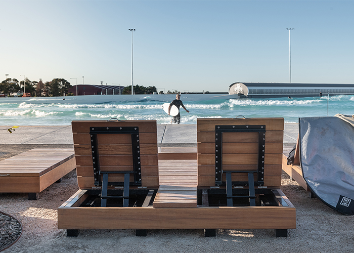 Custom double and single sun loungers, and side tables, for URBNSURF Melbourne.