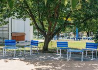 Forum Seat (FS7) and Low Table (FT7) in Bondi Blue, Jaybird Blue and Brilliant Yellow with Pearl White frame.