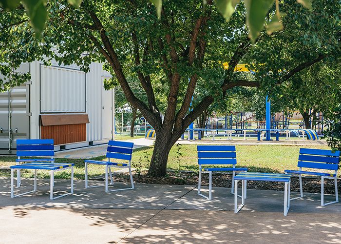 Forum Seat (FS7) and Low Table (FT7) in Bondi Blue, Jaybird Blue and Brilliant Yellow with Pearl White frame.