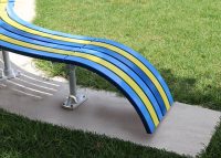 Tailored Mall Curved Slim Bench in Bondi Blue, Jaybird Blue and Brilliant Yellow with Pearl White frame.