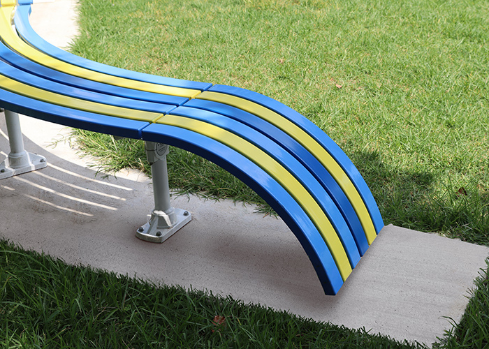 Tailored Mall Curved Slim Bench in Bondi Blue, Jaybird Blue and Brilliant Yellow with Pearl White frame.