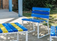 Forum Seat (FS7) and Low Table (FT7) in Bondi Blue, Jaybird Blue and Brilliant Yellow with Pearl White frame.