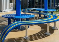 ChillOUT Tree (CT1) with Aria Seating System in Bondi Blue. Tailored Mall Curved Slim Bench.
