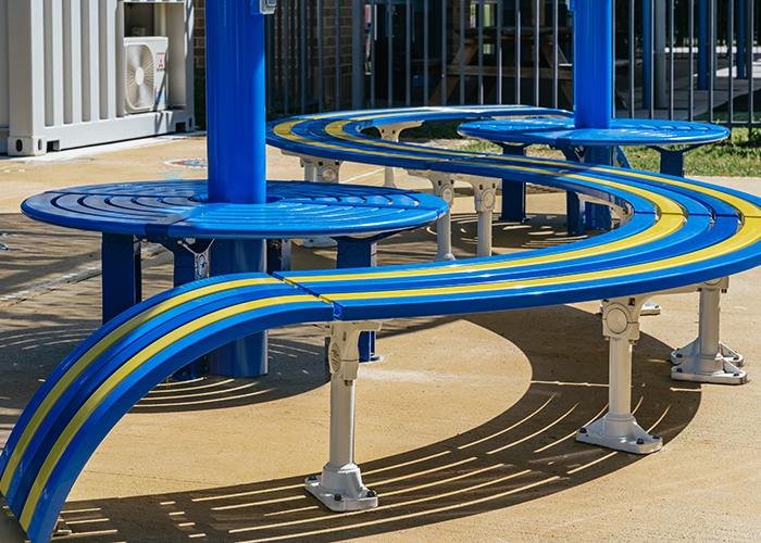 ChillOUT Tree (CT1) with Aria Seating System in Bondi Blue. Tailored Mall Curved Slim Bench.