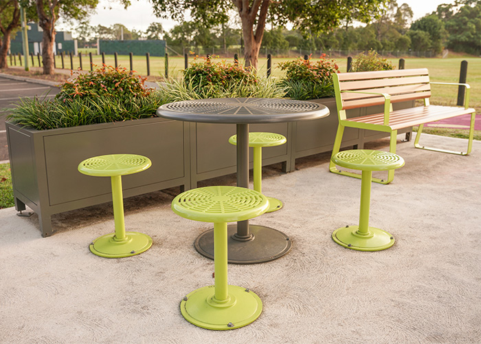 Cafe Table (T1) and Cafe Stools (S1) in Textura Woodland Grey and Lycra Strip Green.